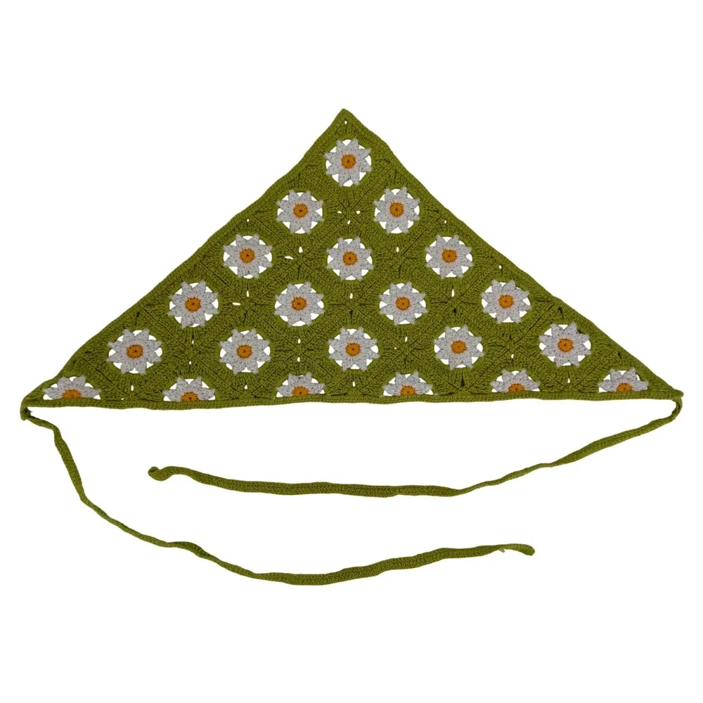 Crochet Daisy Hair Bandana Green Floral Granny Square Kerchief Scarf